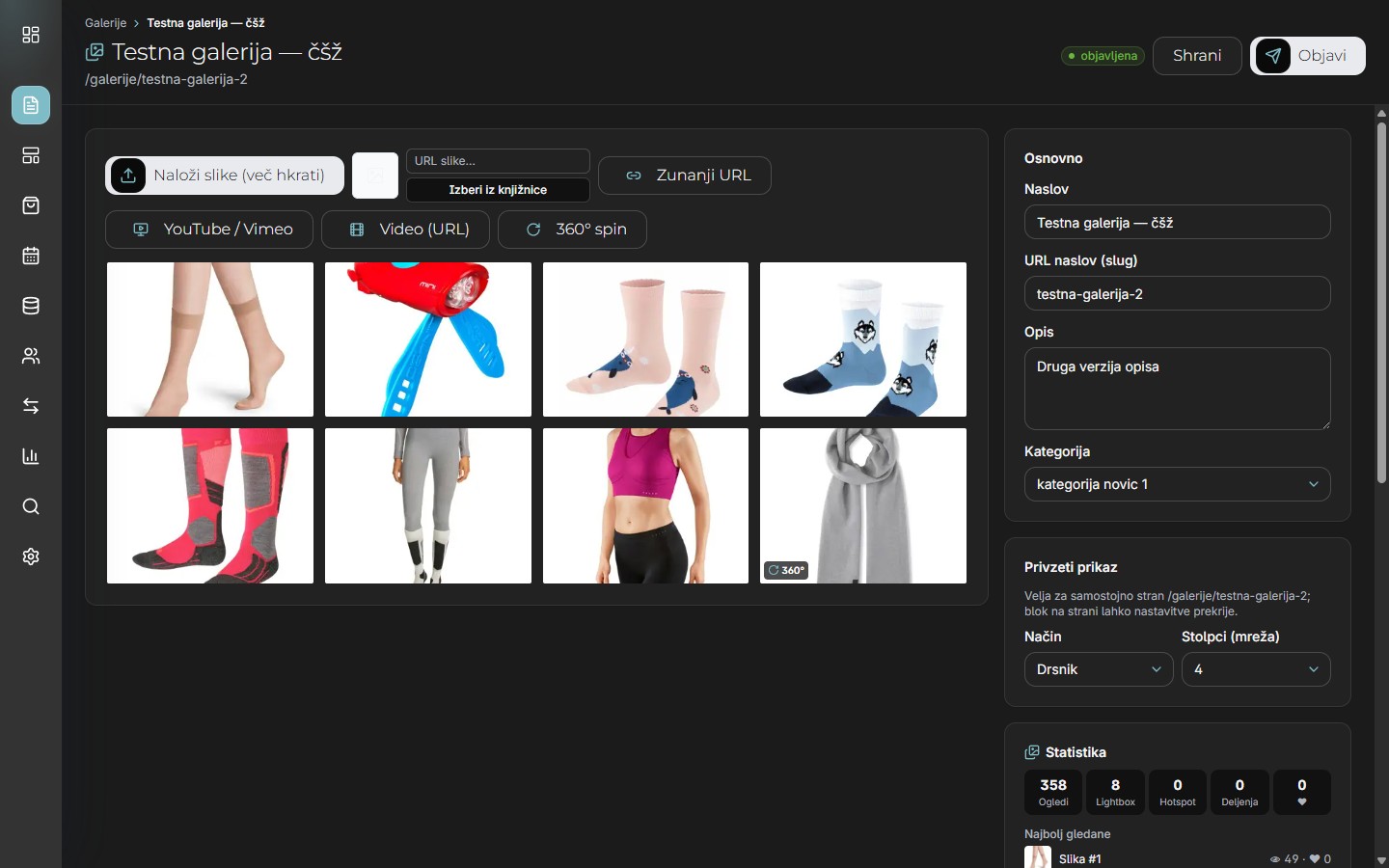 Urejevalnik galerije z viri medijev, osnovnimi podatki, statistiko in verzijami