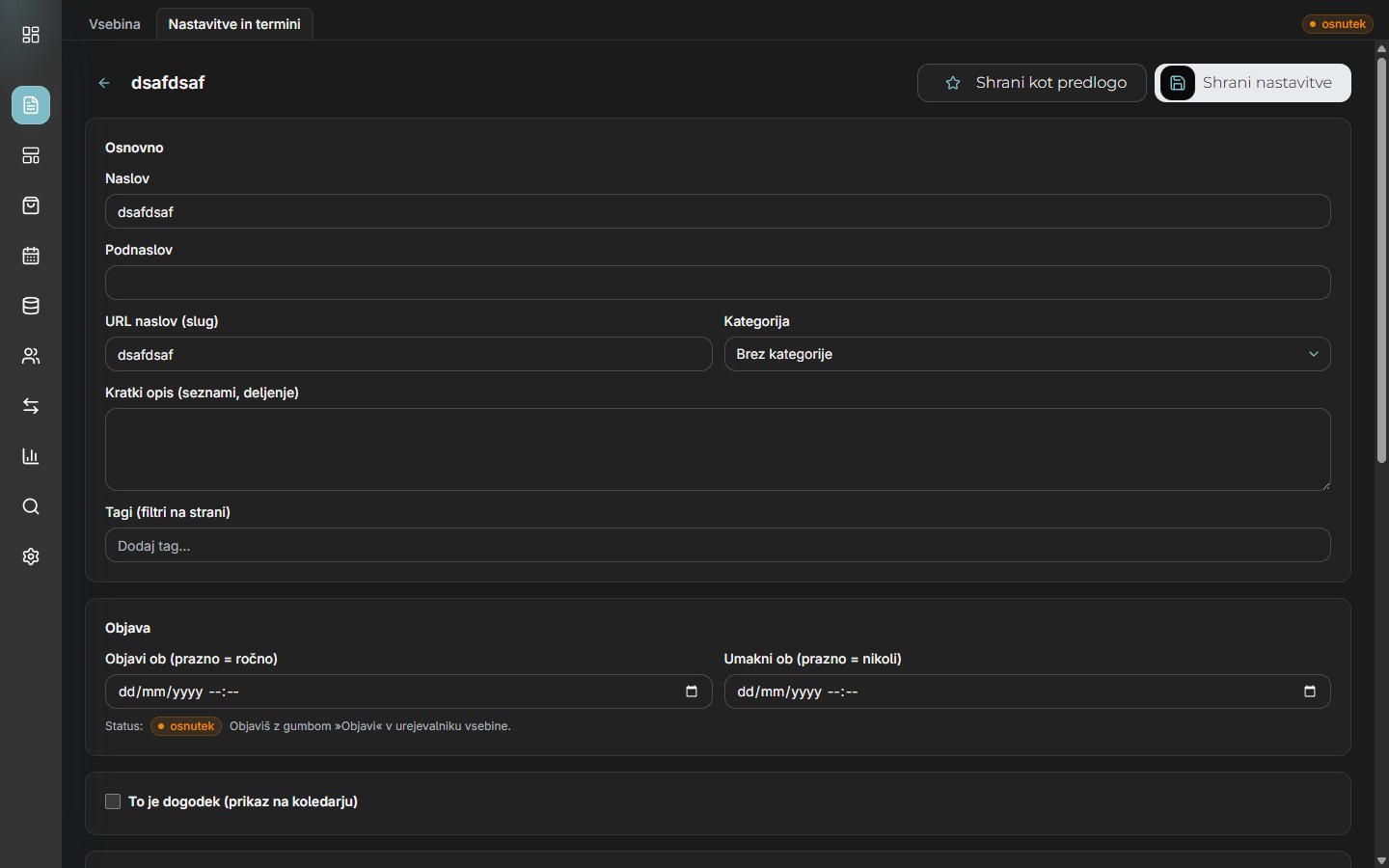 Zavihek Nastavitve in termini z osnovnimi podatki, objavo, mediji in SEO