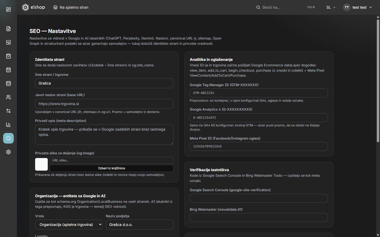 SEO Nastavitve z identiteto strani, organizacijo in analitiko