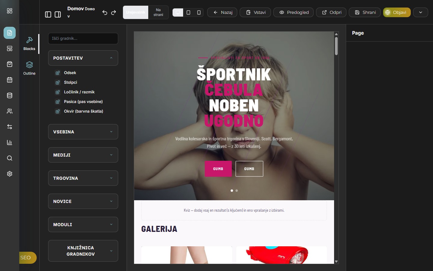 Urejanje strani in vsebin z ukazi v administraciji elShop CMS