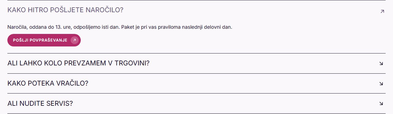 Gradnik Harmonika: štiri vrstice z vprašanji, prva je razprta in ima gumb