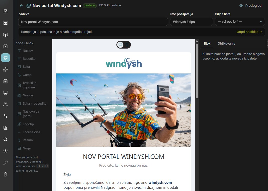 Urejevalnik kampanje Nov portal Windysh.com: zgoraj zadeva, ime pošiljatelja in ciljna lista, levo paleta blokov (naslov, besedilo, slika, gumb, izdelki iz trgovine, novice, naslovnica, logotip, noga), na sredini e-novica z logotipom, fotografijo in naslovom, desno zavihka Blok in Oblikovanje