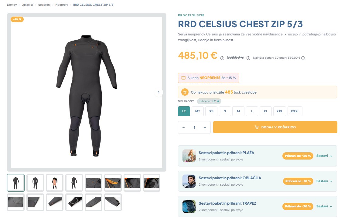 Stran izdelka: cena 485,10 € z −10 %, pod njo okvir S kodo NEOPREN15 še −15 %