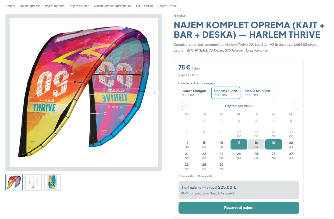 Stran najemnega izdelka: cena 75 € na dan, izbira različice, koledar s ceno pod vsakim dnem, izbrano obdobje od 17. do 19. septembra, skupaj 225 € in gumb Rezerviraj najem