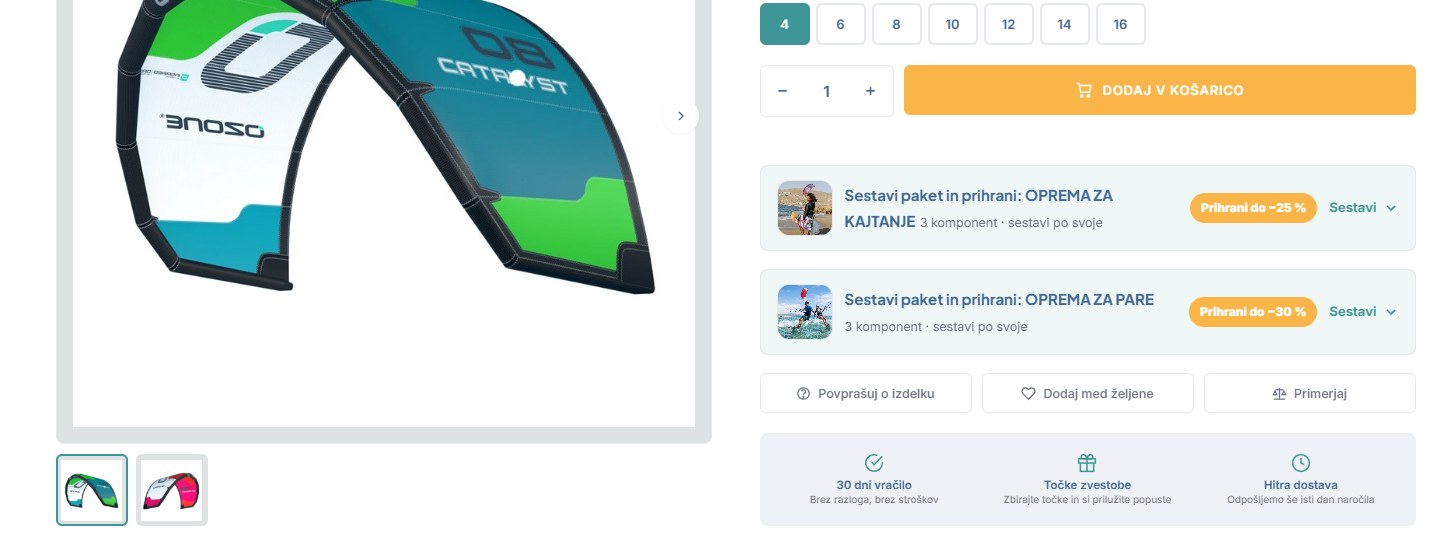 Stran izdelka: pod gumbom Dodaj v košarico dva traka Sestavi paket in prihrani — Oprema za kajtanje s prihrankom do −25 % in Oprema za pare do −30 % — z gumbom Sestavi