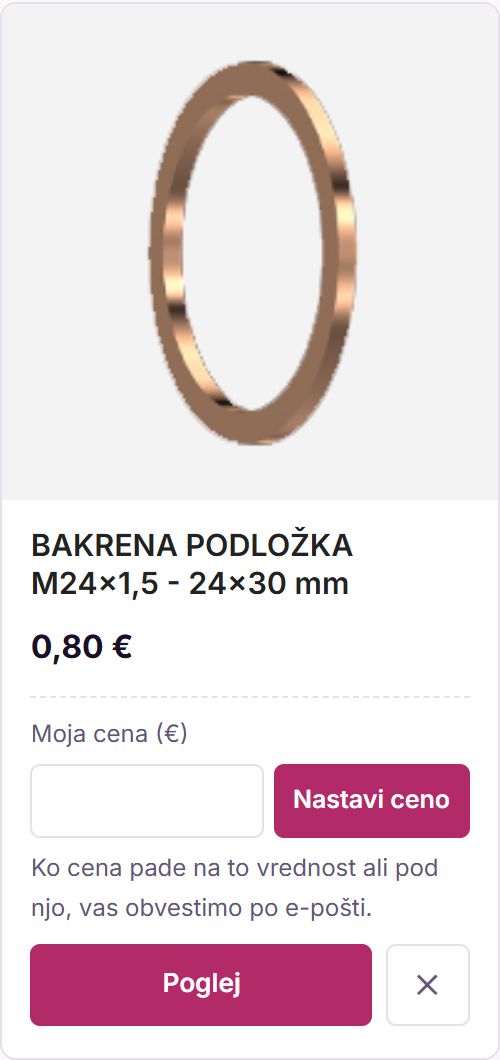 Kartica izdelka na seznamu želja: slika, naziv Bakrena podložka, cena 0,80 €, polje Moja cena (€) z gumbom Nastavi ceno in pojasnilom, da kupca obvestimo po e-pošti, ko cena pade na to vrednost