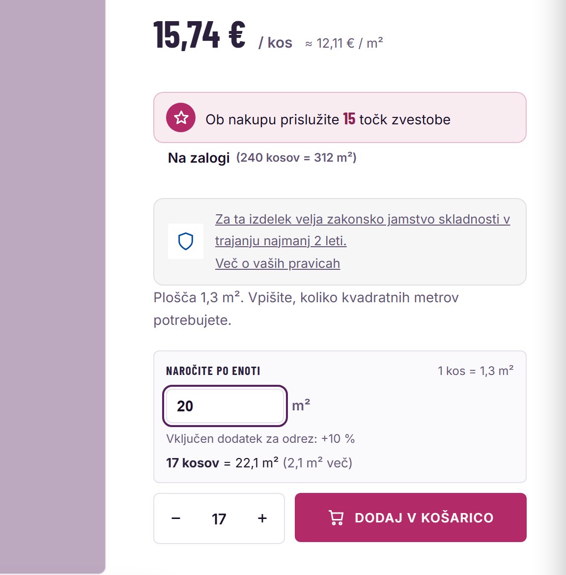 Stran izdelka: cena na kos in na m², zaloga v obeh enotah, vnos 20 m² in izračun 17 kosov
