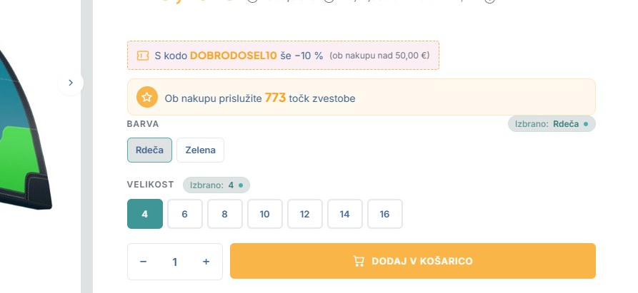Stran izdelka: okvir S kodo DOBRODOSEL10 še −10 %, pod njim Ob nakupu prislužite 773 točk zvestobe, nato izbira barve in velikosti