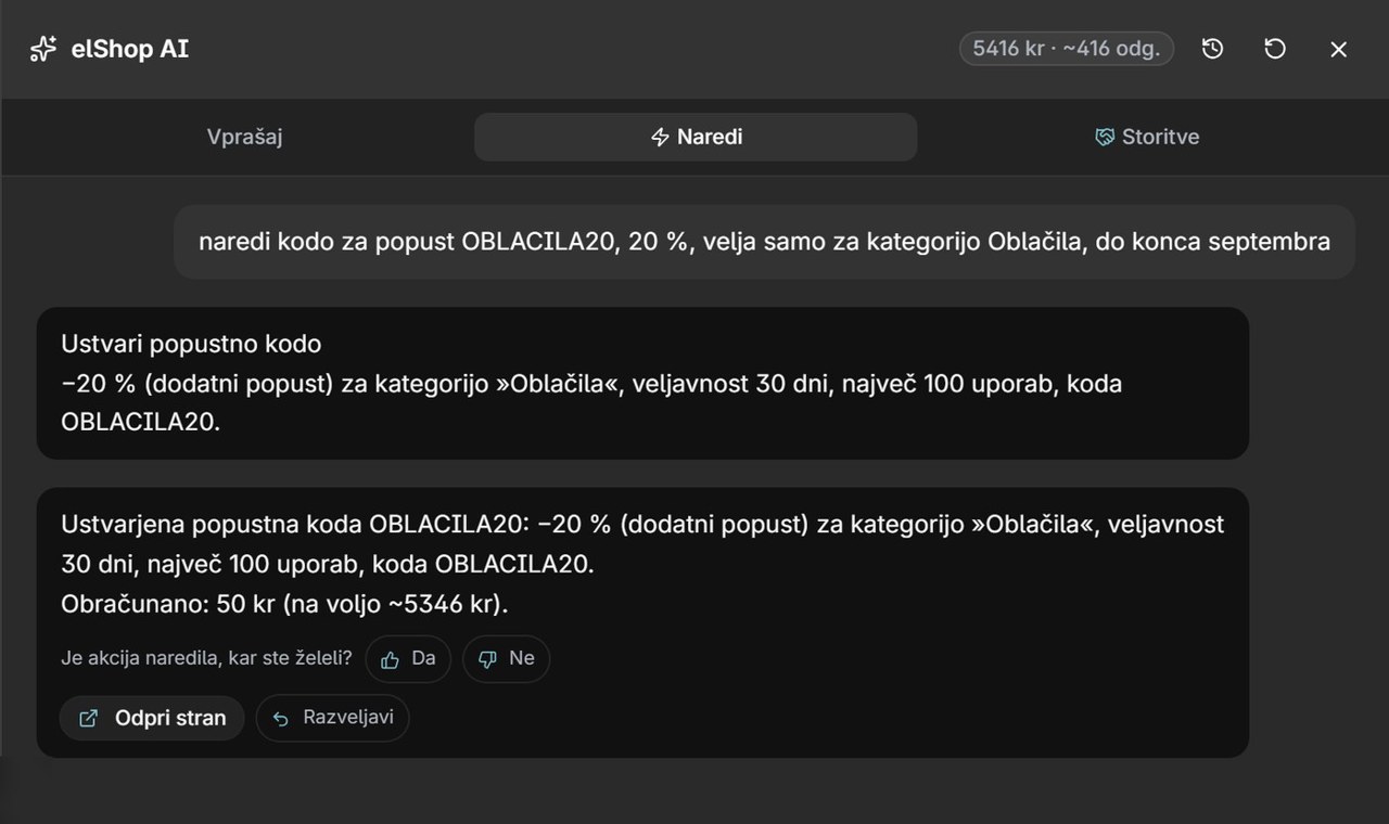elShop AI je ustvaril popustno kodo za kategorijo Oblačila; poleg izida stojita vprašanje »Je akcija naredila, kar ste želeli?« in gumb Razveljavi